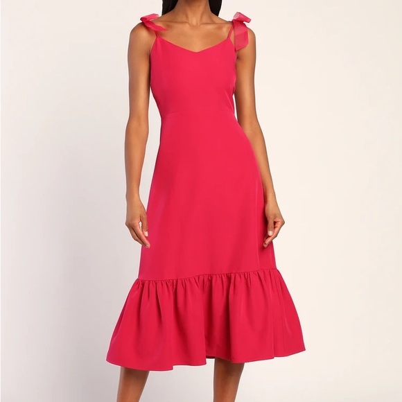 “What A Gift Hot Pink Bow Strap Midi Dress” - Picture 1 of 6